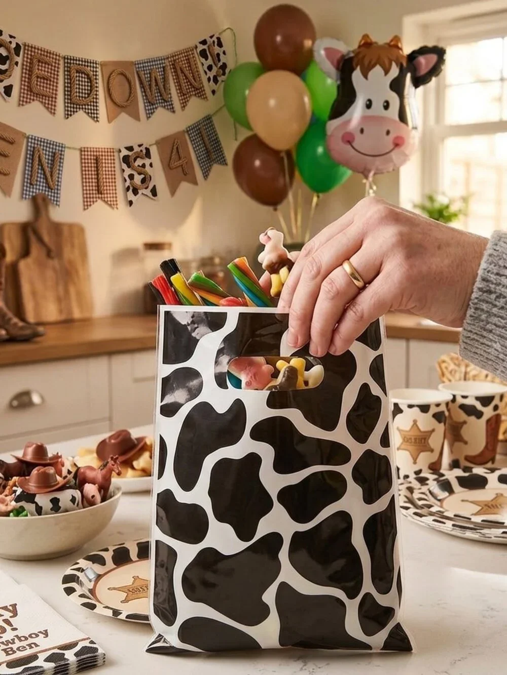 12pc Cow Print Party Favor Bags Zipper Handles Cowboy Western Birthday Supplies